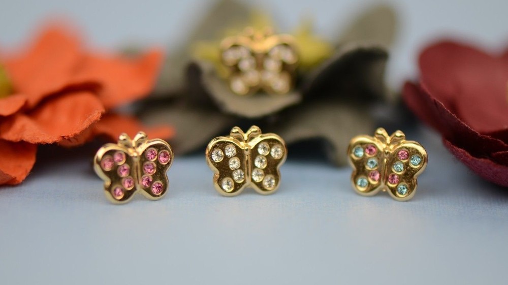 14K Solid Yellow Gold Butterfly Stud Earring with CZ