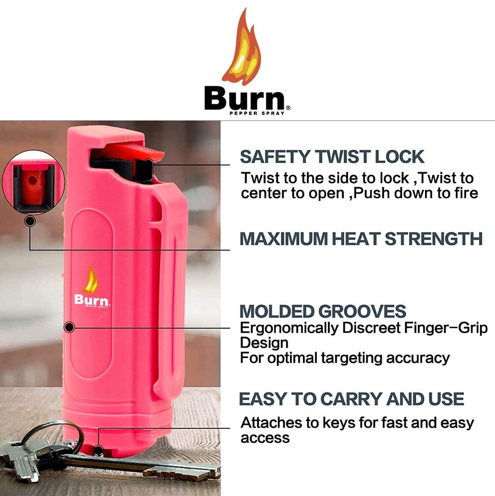 2 PACK BURN Pepper Spray 1/2oz Self Defense Keychain Security Case Black + Pink