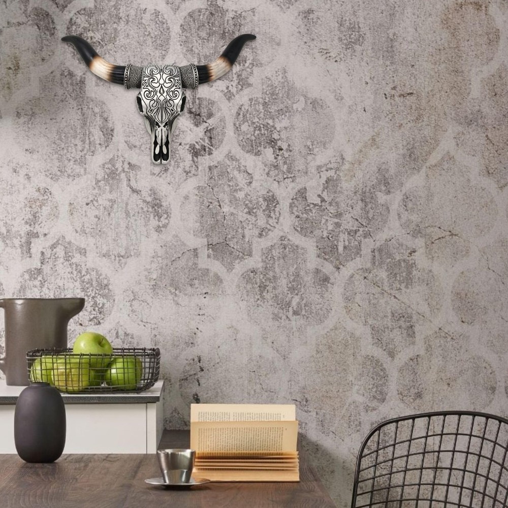 Tooled Silver Resin Bull Skull Wall Decor with Scrolls Design