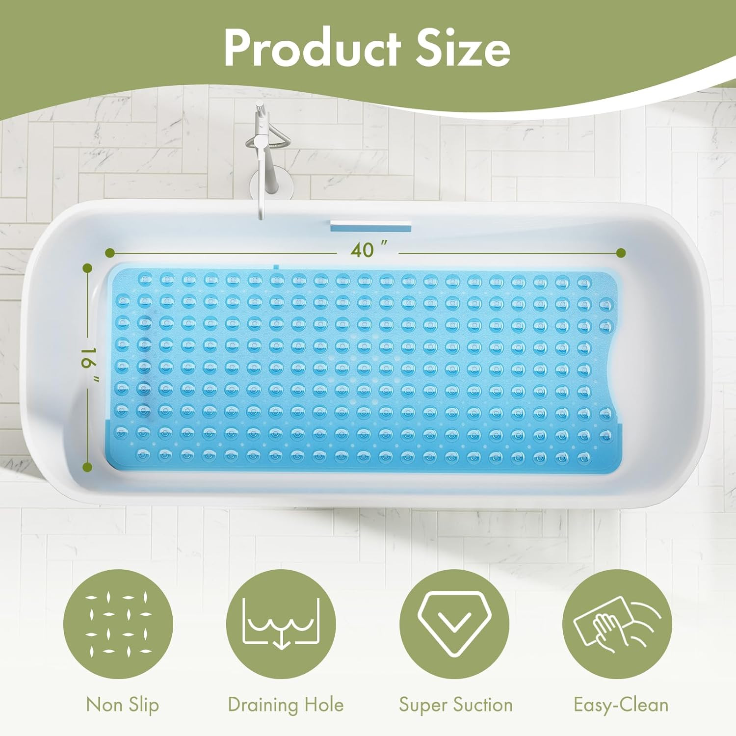 Bathtub Mat Non Slip, Bath Mat for Tub 40 X 16 Inches Full Size, Non Slip Shower
