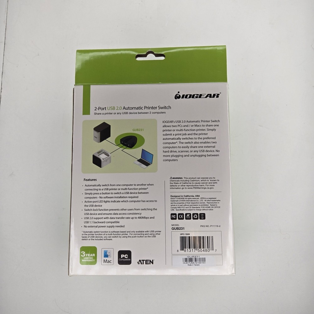 IOGEAR GUB231 2-Port USB 2.0 Automatic Printer Switch