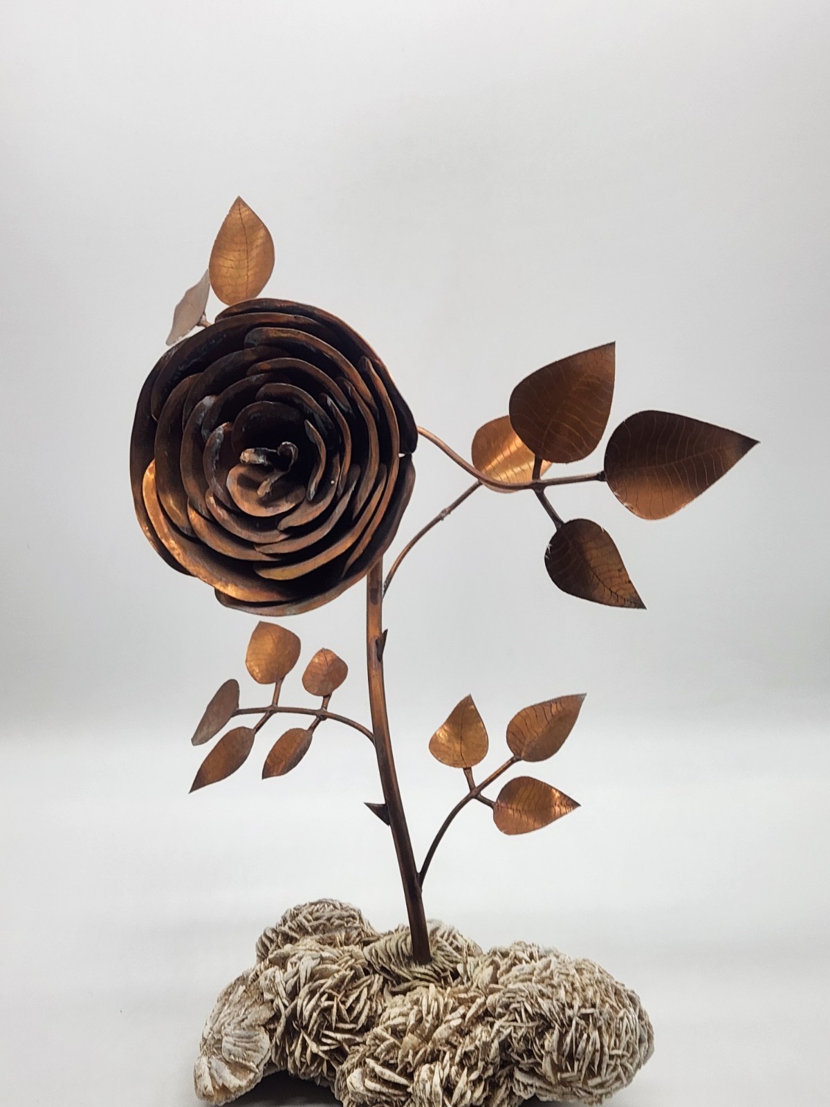 Copper Rose Sculpture w/Desert Sand Rose Crystal ~ 13" H x 10" L x9" W