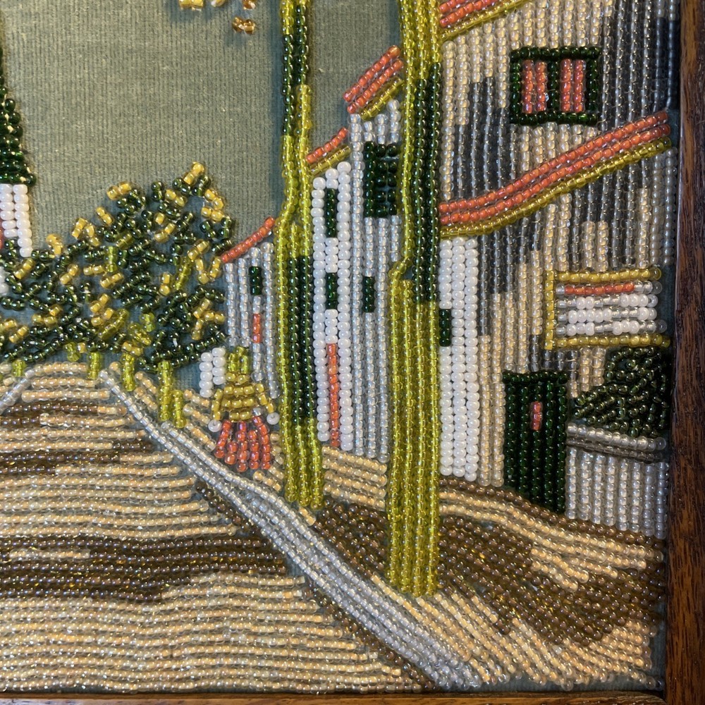 Vintage Beaded Needlepoint Landscape Framed Micro Bead Art - Sidewalk Trees
