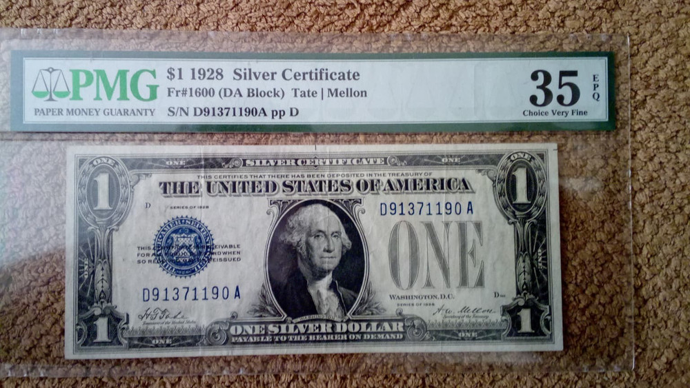 1928 PLAIN $1 ONE DOLLAR SILVER CERTIFICATE D-A BLOCK NOTE, CVF, PMG 35 EPQ