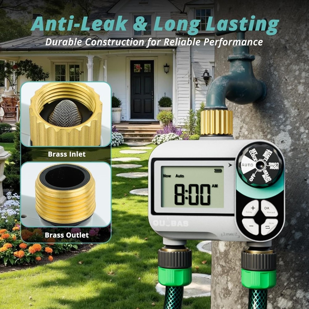 Brass Sprinkler Timer Programmable 2 Zone Water Hose Controller Waterproof LCD