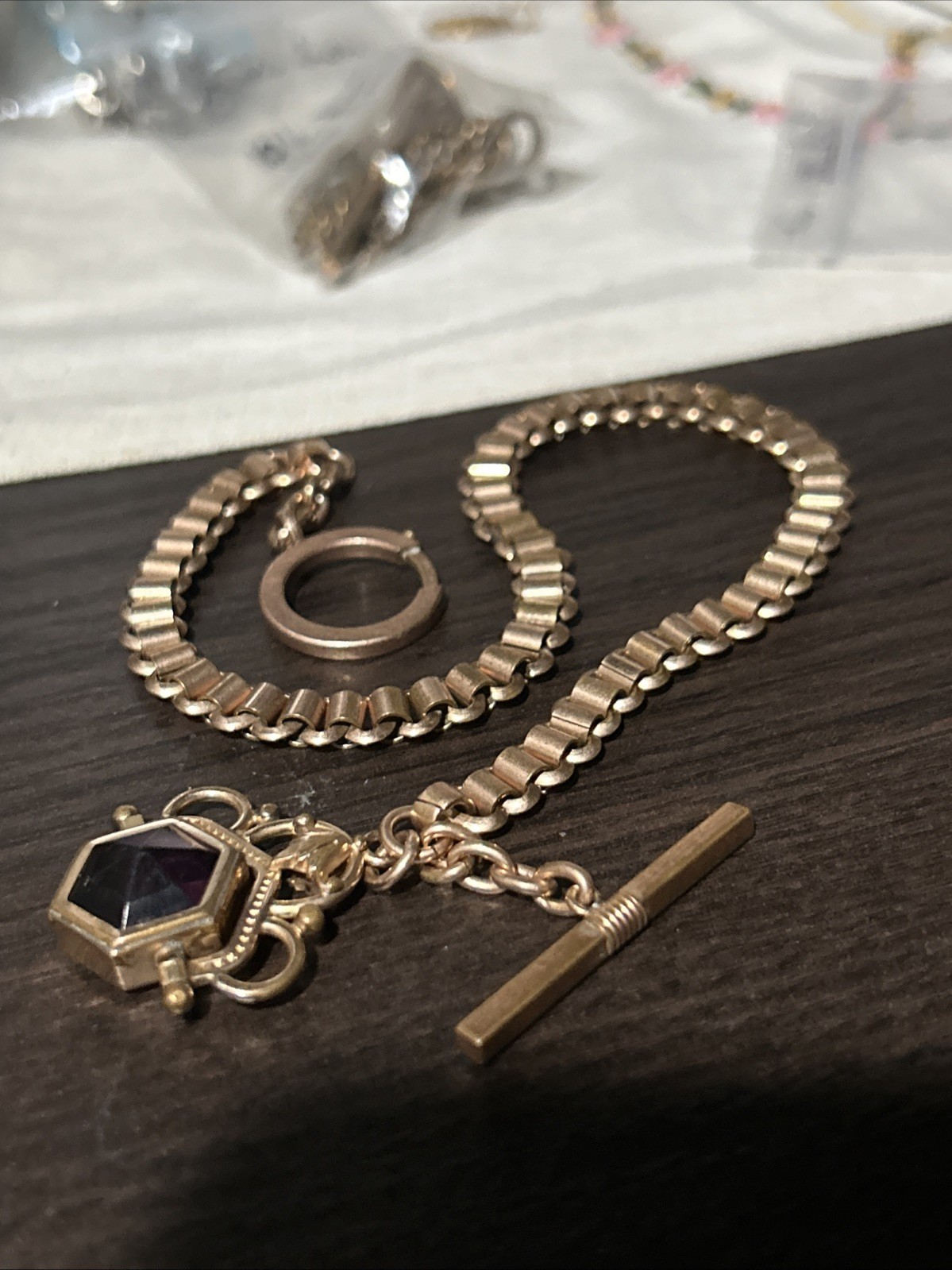 Victorian Rose Gold Fill Purple Watch Fob Spinner Book Link Chain Large Ring