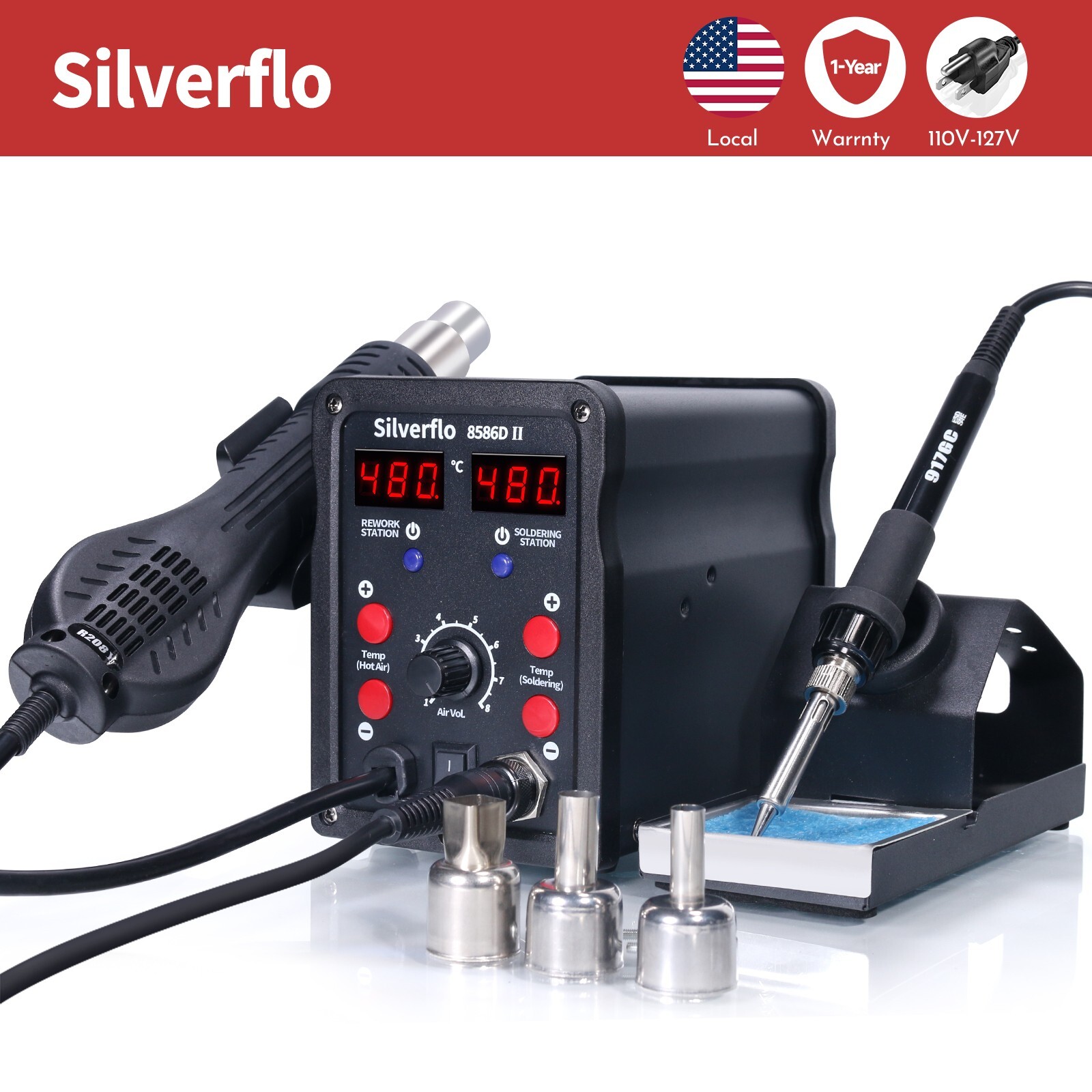 750W 8586D Solder Station 2 in 1 Soldering Iron Kit Hot Air Gun Rework station