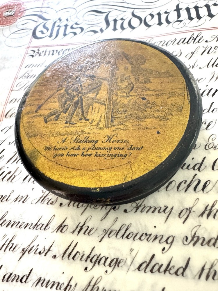 Antique Paper Mache Snuff Box Unique Scene 3”