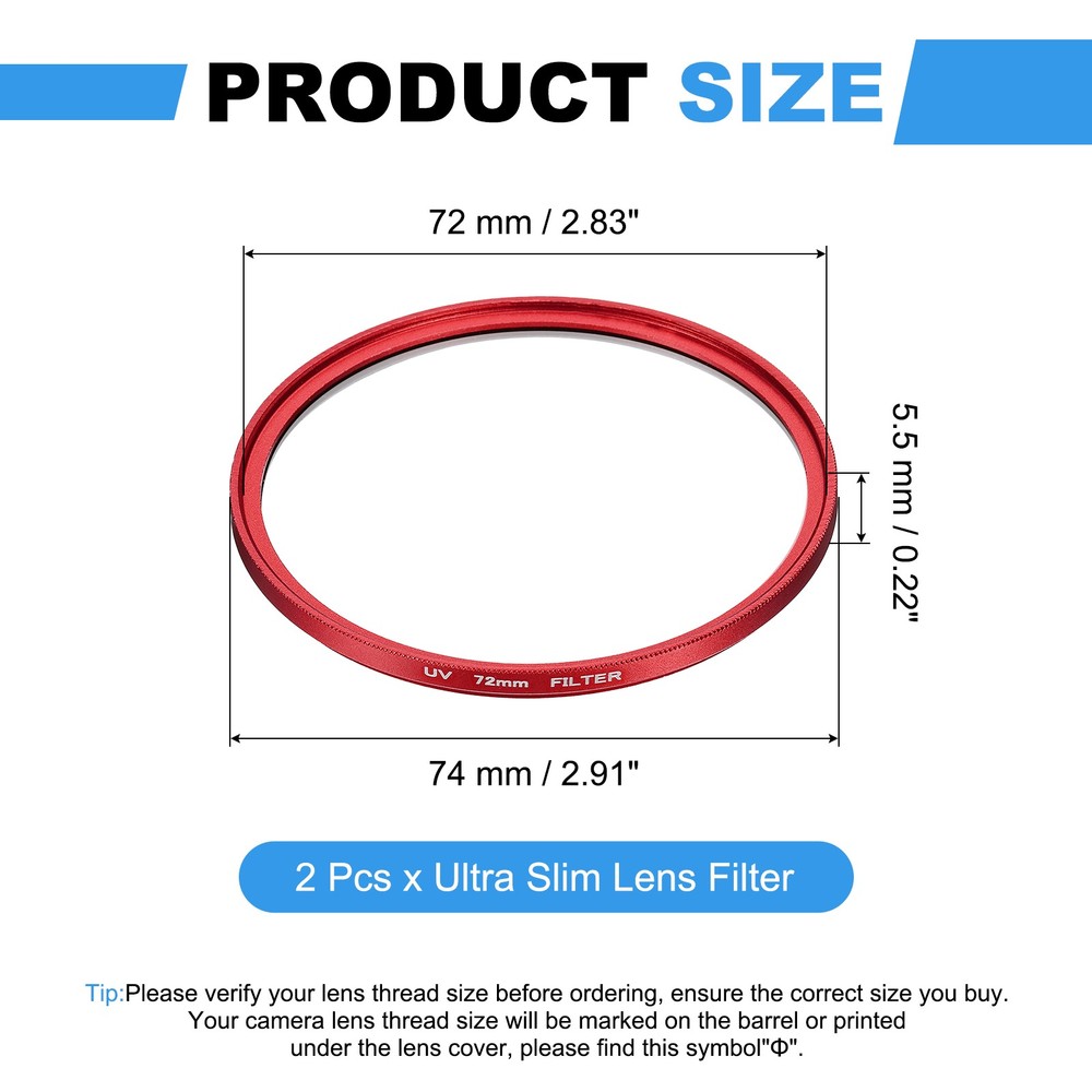 2Pcs 72mm Ultra Slim Lens Filter Multi Coating Camera Len Filter, Red
