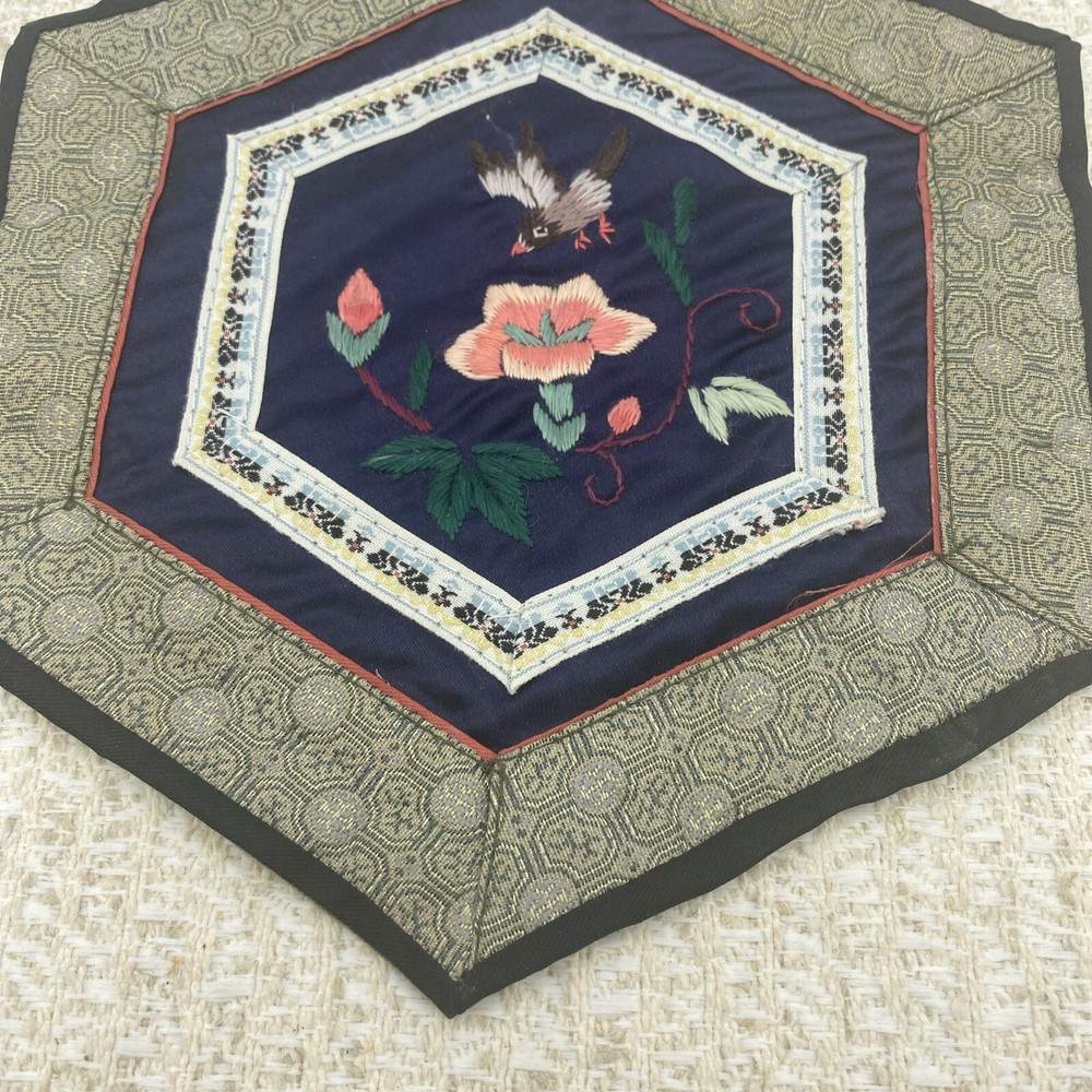 Vintage Chinese silk embroidered hexagonal doily