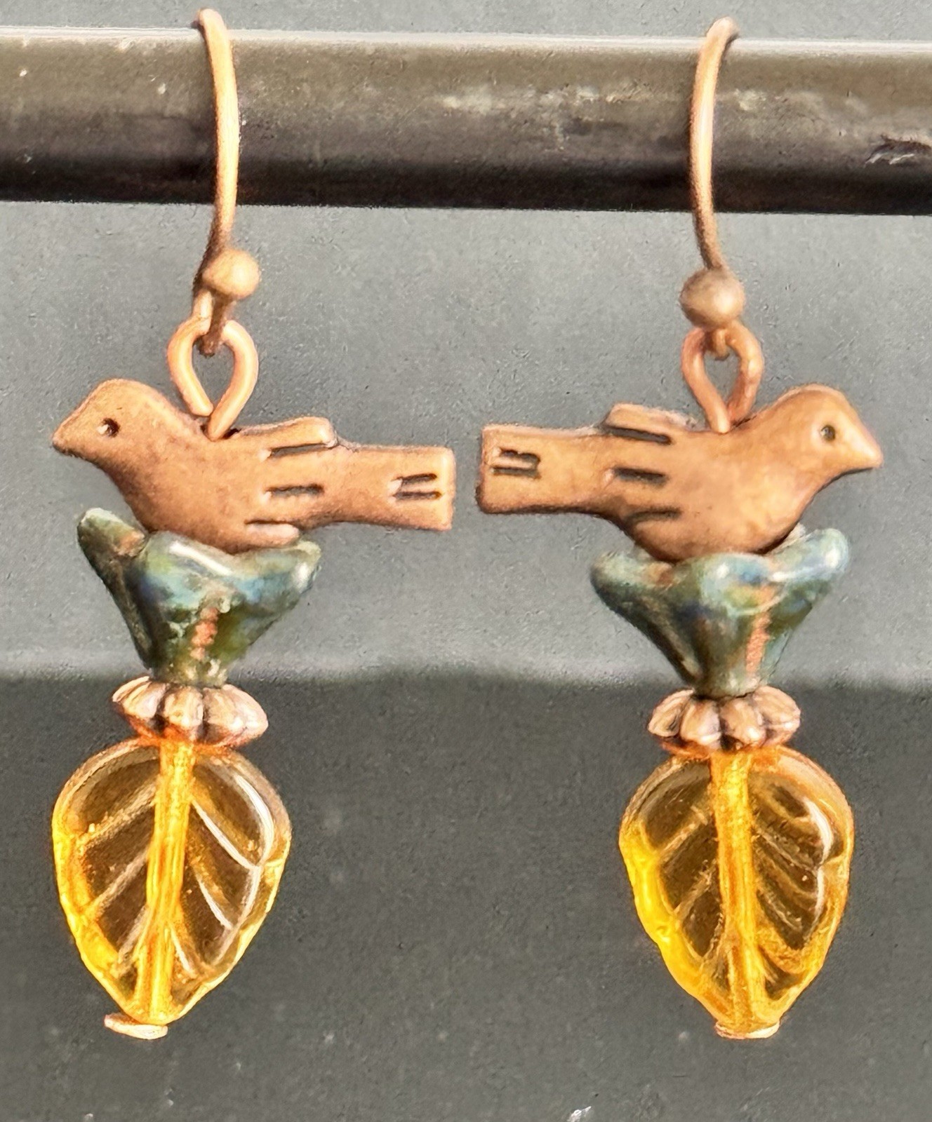 Copper Bird Dangle Earrings. Deep Blue Green Flower with Golden Leaf. Love Doves