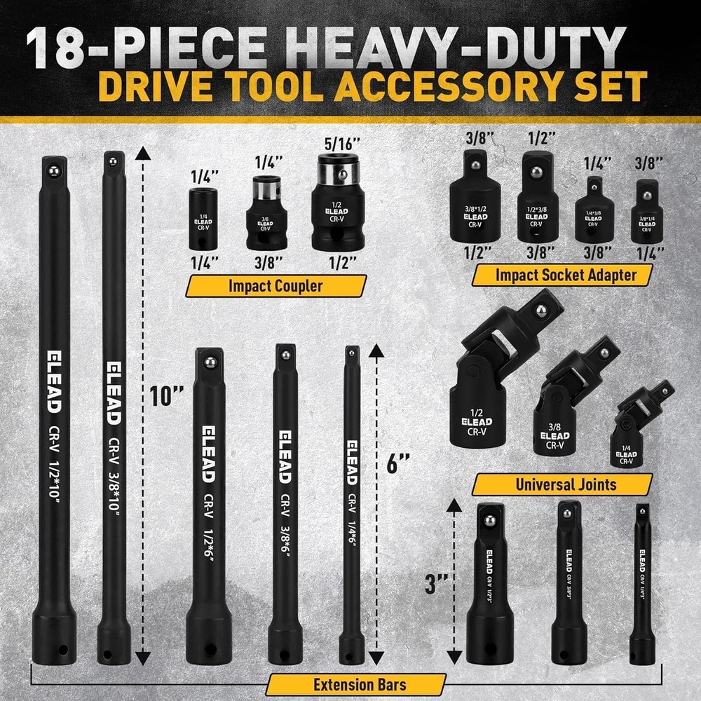 18-Pieces Impact Socket Extension Set 1/4" 3/8" & 1/2" Drive Socket Extension