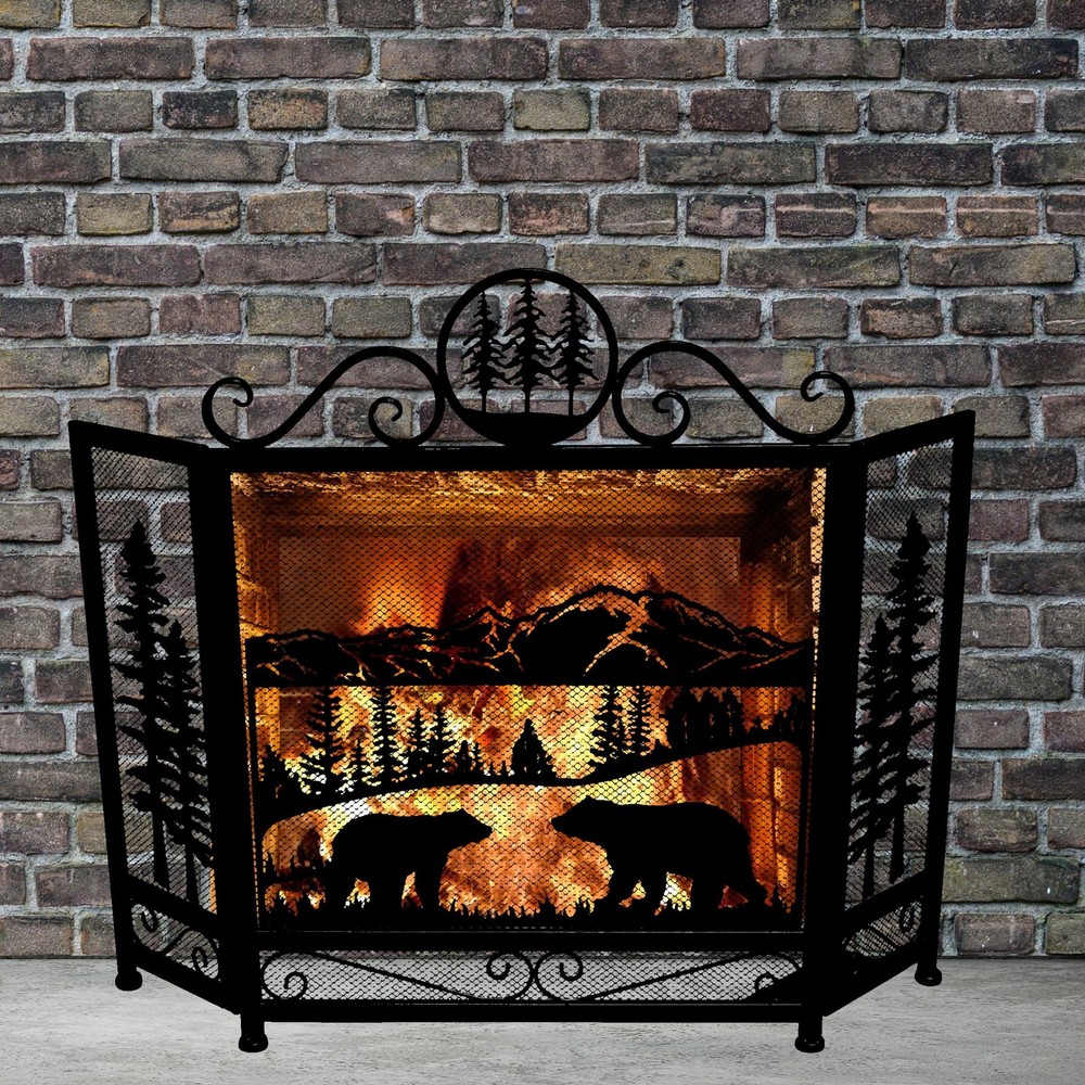 3-Panel Fireplace Screen with Strolling Mama Bear and Cub Design