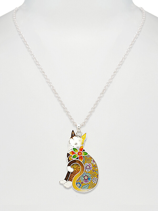 Cat Designer Pattern Pendant Necklace Kitten Cat  Multi Colored