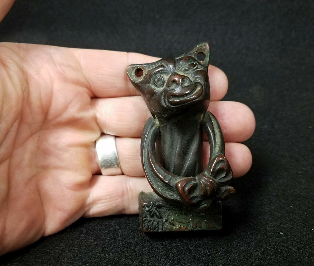 Antique Bronze Winking Comical Cat Door Knocker