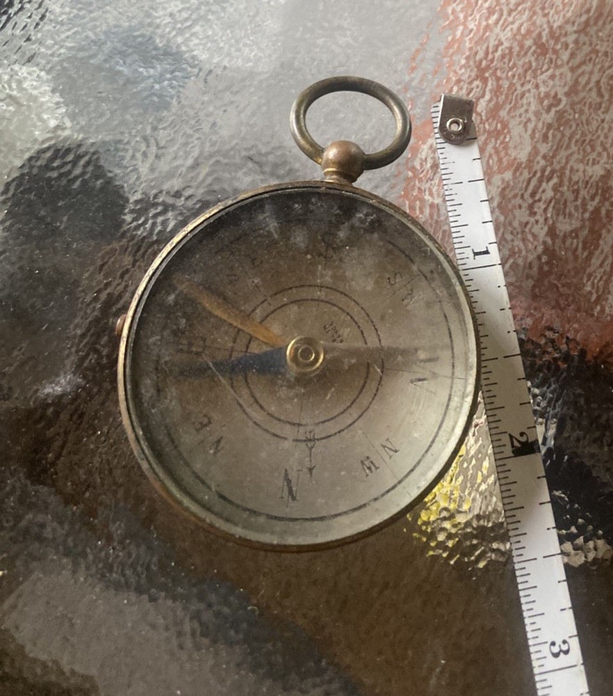 Antique Brass Pocket Compass | Locking Needle | Silver Directional Points