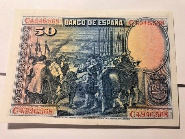 1928 Spain 50 Pesetas Note Gem CU #15077
