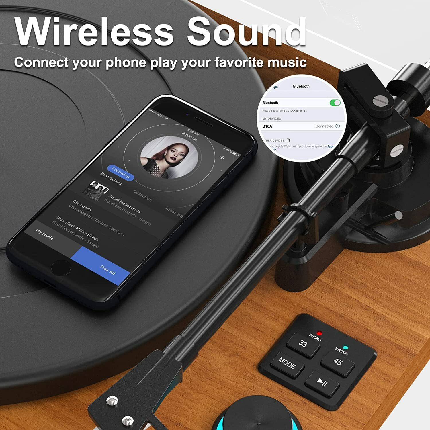 Vinyl Record Player Wireless Bluetooth Turntable HiFi System Magnetic Cartridge