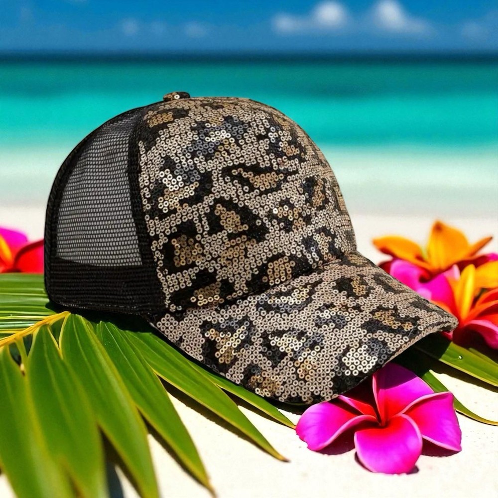 Baseball Cap Leopard Print Cap Hat Mesh, Sequins & Adjustable Back US Seller