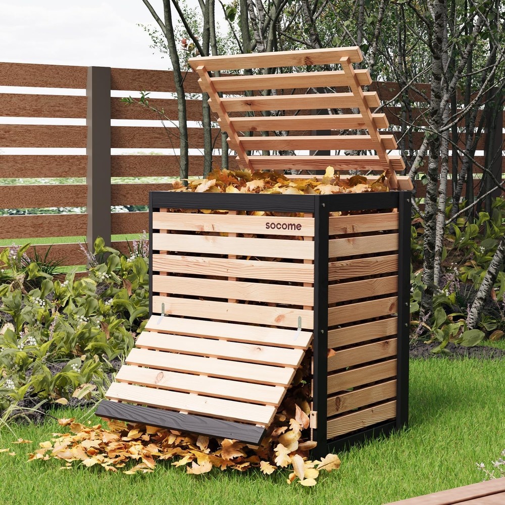 95 Gallon Solid Wood Composter Outdoor Compost Bin W/ Pull-Out Door Large