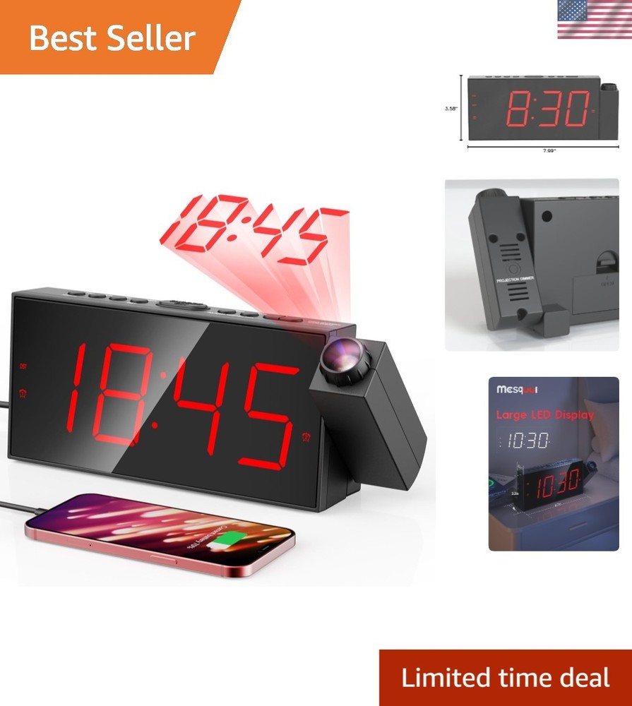 Projection Alarm Clock with 180° Rotatable Projector & USB Charger, Retro Style