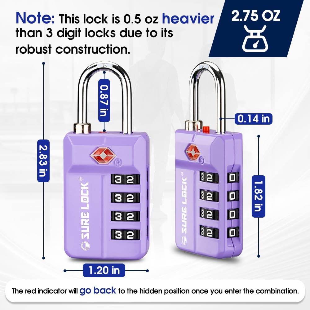 TSA-Approved 4-Digit Resettable Combination Luggage Lock with Open Alert, Eas...