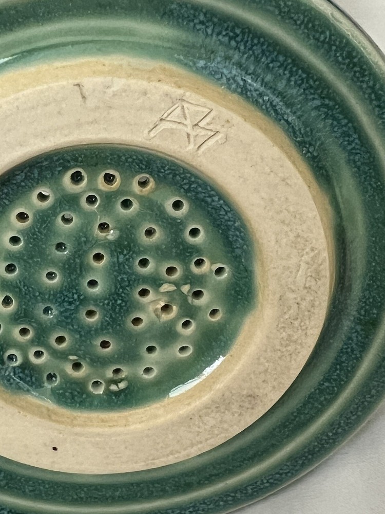 Tea Diffuser Signed Vintage Green Stoneware 5" tall 3" wide Unique Signed