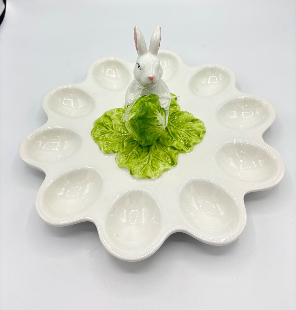 Corner Ruby Spring Easter Bunny Cabbage Ceramic Deviled Egg Serving Platter