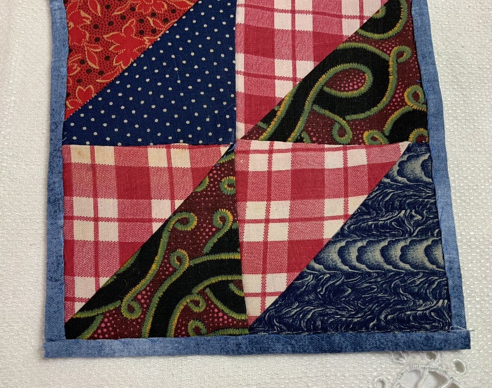 Antique Vintage Patchwork Small Doll Quilt Or Table Topper, 4 Patch W/ Triangles