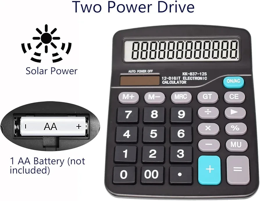 Desk Calculator, 12-Digit Solar Battery Office Calculator with Large LCD Display