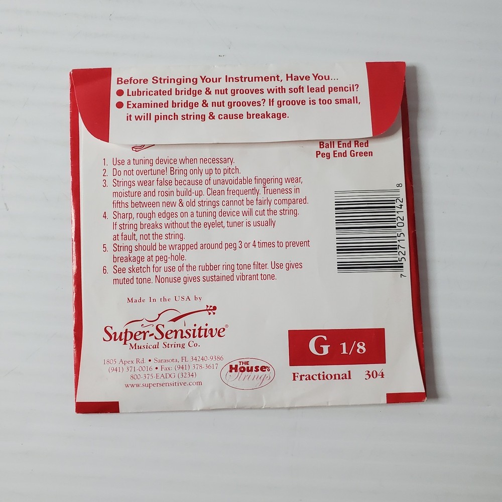 Super Sensitive Red Label Violin G Single String 1/8 Size SS2142 New
