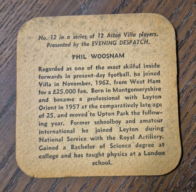 Evening Despatch Beer Mat. Phil Woosnam
