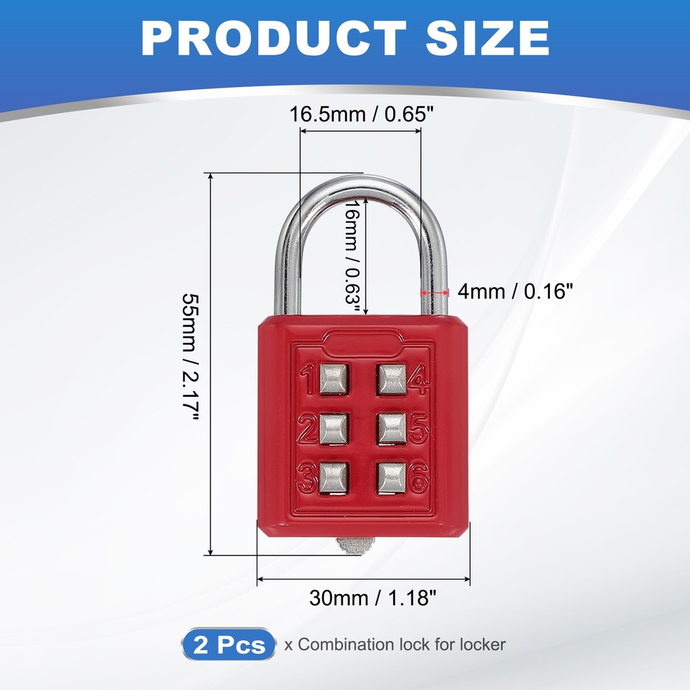 2Pcs Push Button Combination Padlock 6-Digit 3-Position Lock Red