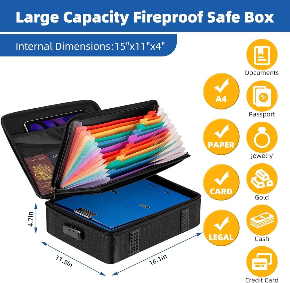 Fireproof Document Box with Lock Hard Case File Organizer Fire Safe Waterproof