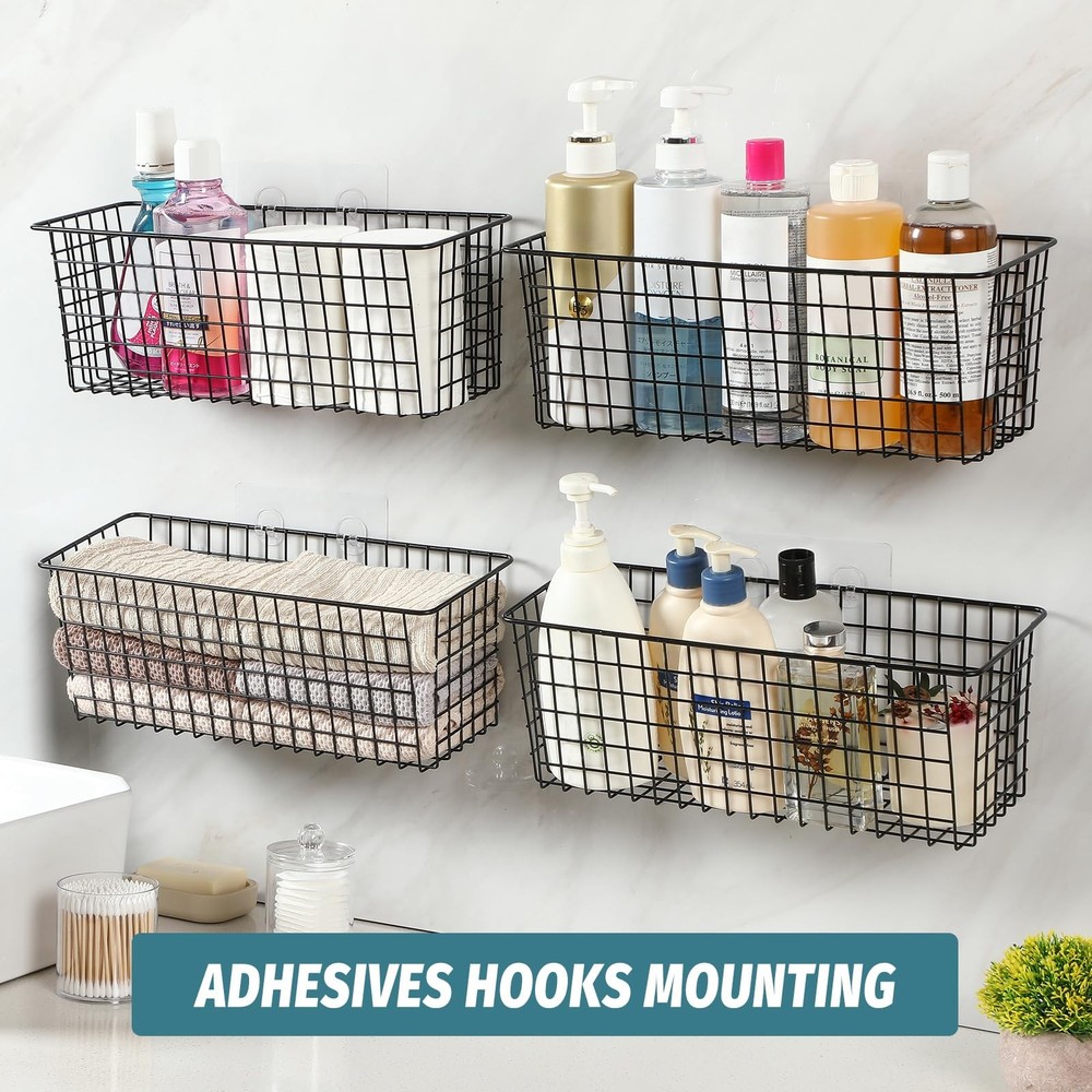4 Set [EXTRA LARGE] Hanging Wall Mount Storage Baskets Extra Large, Black