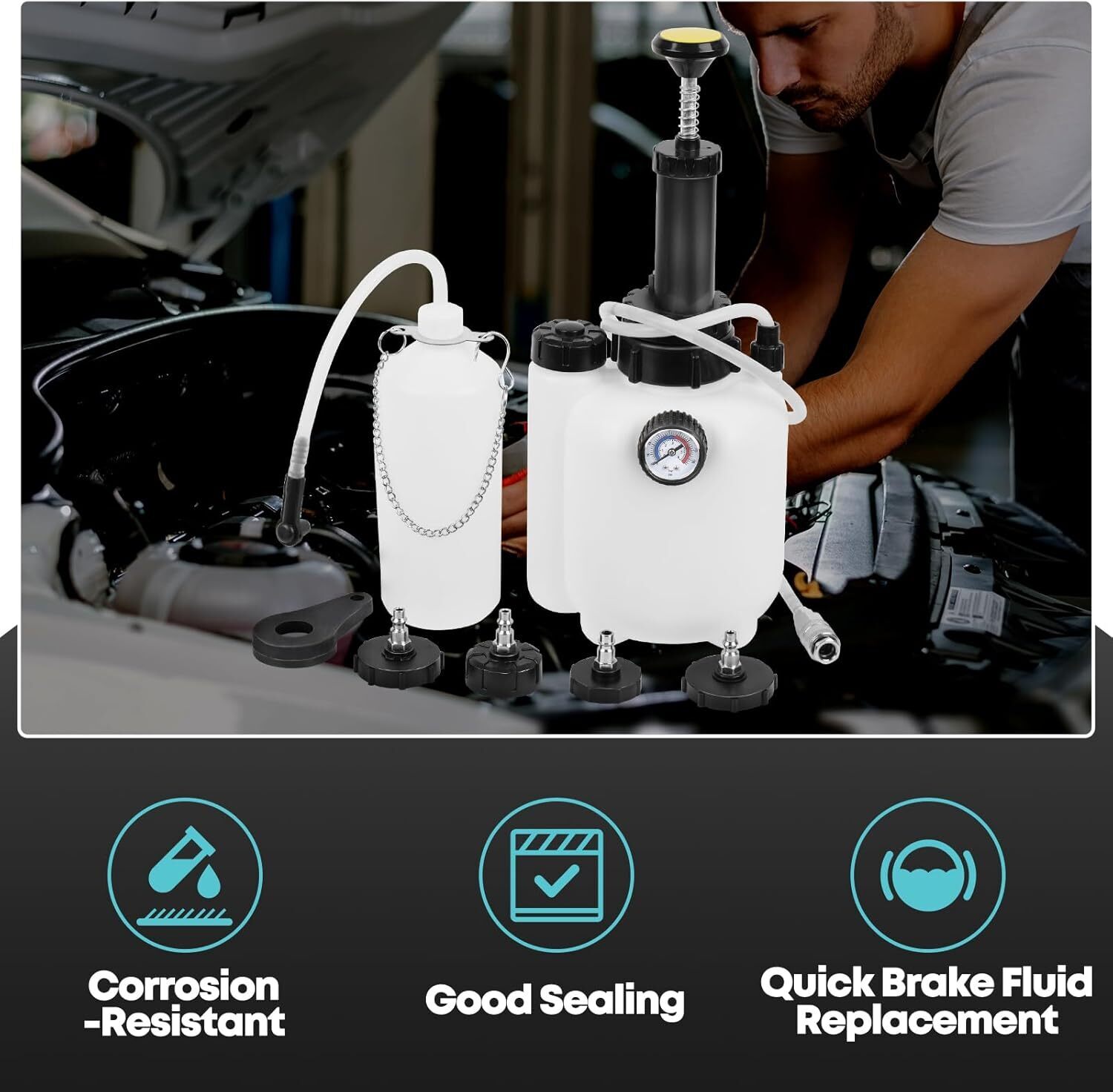 Brake Bleeder Kit 3L, Universal 4-PC Master Cylinder Adapters Fit Most Car Truck