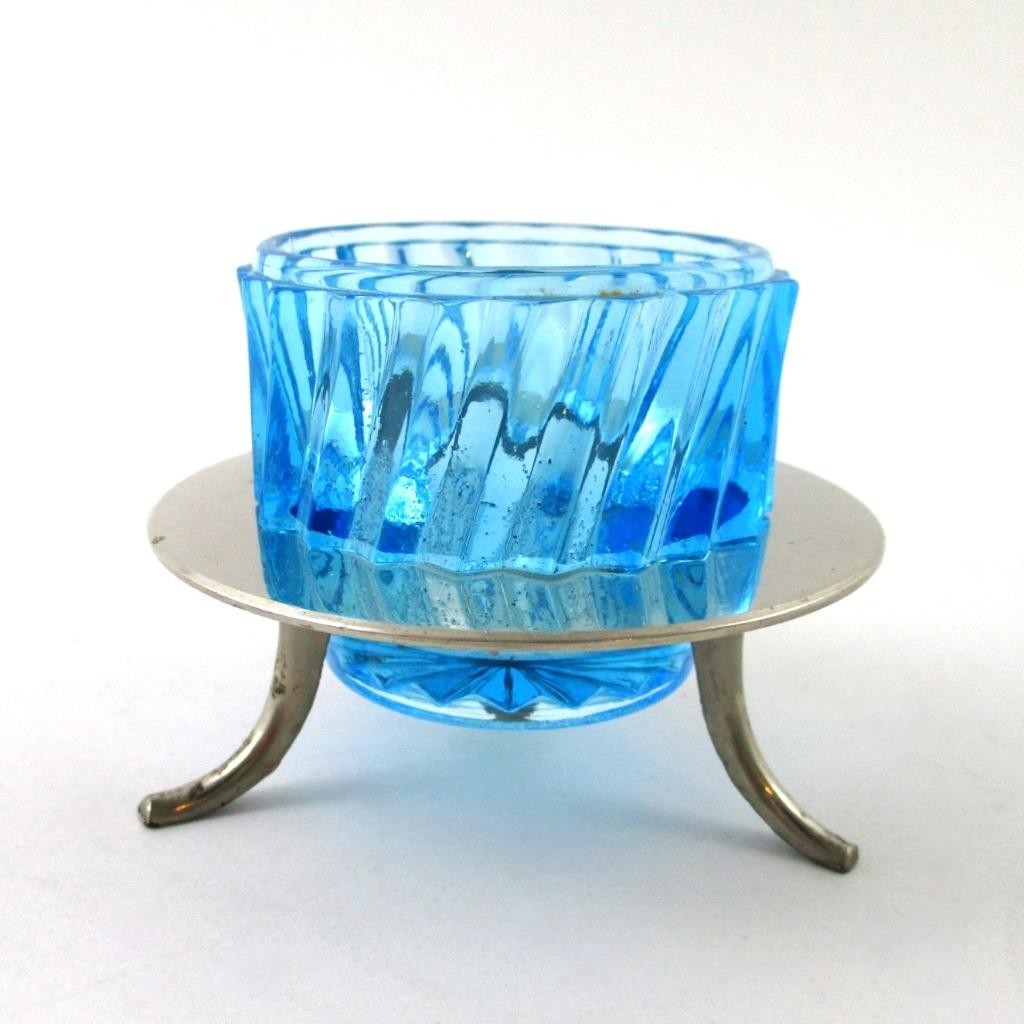 Sapphire BLUE Ribbed Swirl pressed glass OPEN SALT, Footed Metal STAND - GERMANY