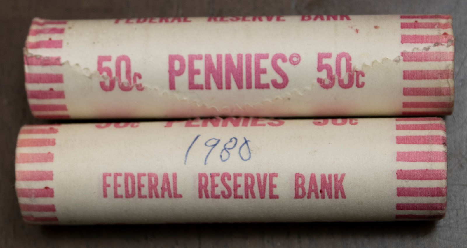 Two 1980 P OBW Original Bank Wrapped Roll 100 Coins Lincoln Memorial Cents L4950