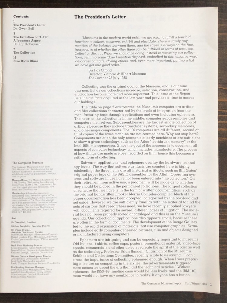 The Computer Museum Report - Fall/Winter 1985 - Volume 14