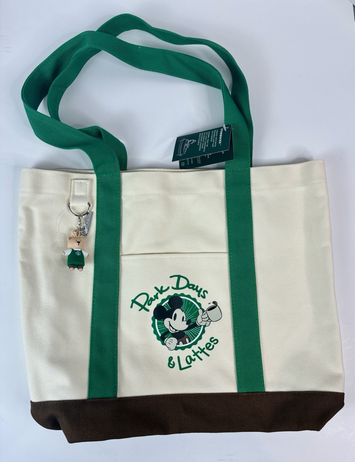 Disney Parks 2026 Starbucks Park Days and Lattes Tote Bag With Bear Keychain NWT