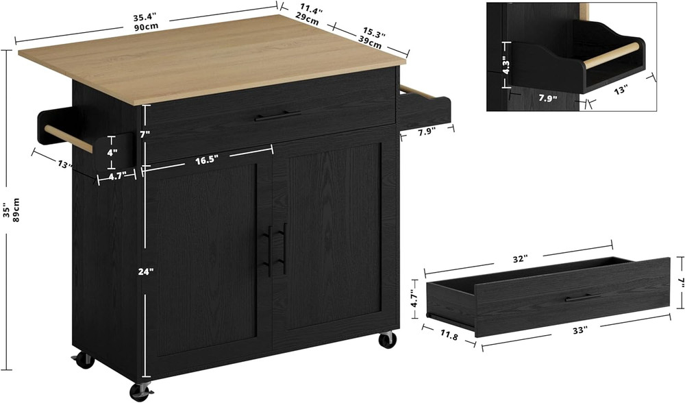 Rolling Kitchen Island Table on Wheels with Drop Leaf, Storage Cabinet, Drawer,