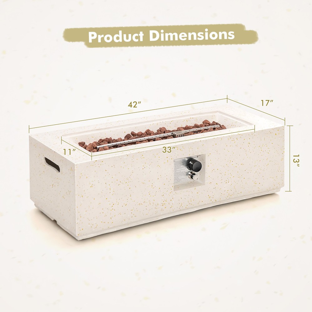 42" Terrazzo Fire Pit Table Rectangle Propane Fire Pit w/ PVC Cover White