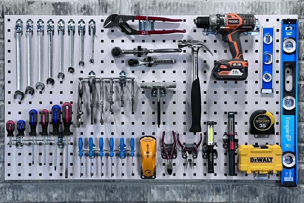 65 Piece Set 48"x42.5" White Steel Pegboard & Hook Kit Workshop Wall Storage