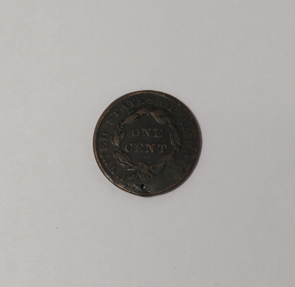 1837 LARGE CENT CORONET HEAD SURFACE DAMAGED + HOLED + SMASHED