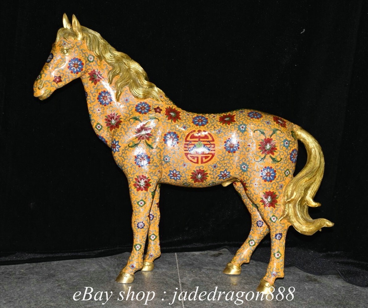 28" Chinese Marked Bronze Gilt Cloisonne 12 Zodiac Year Horse Statue Sculpture