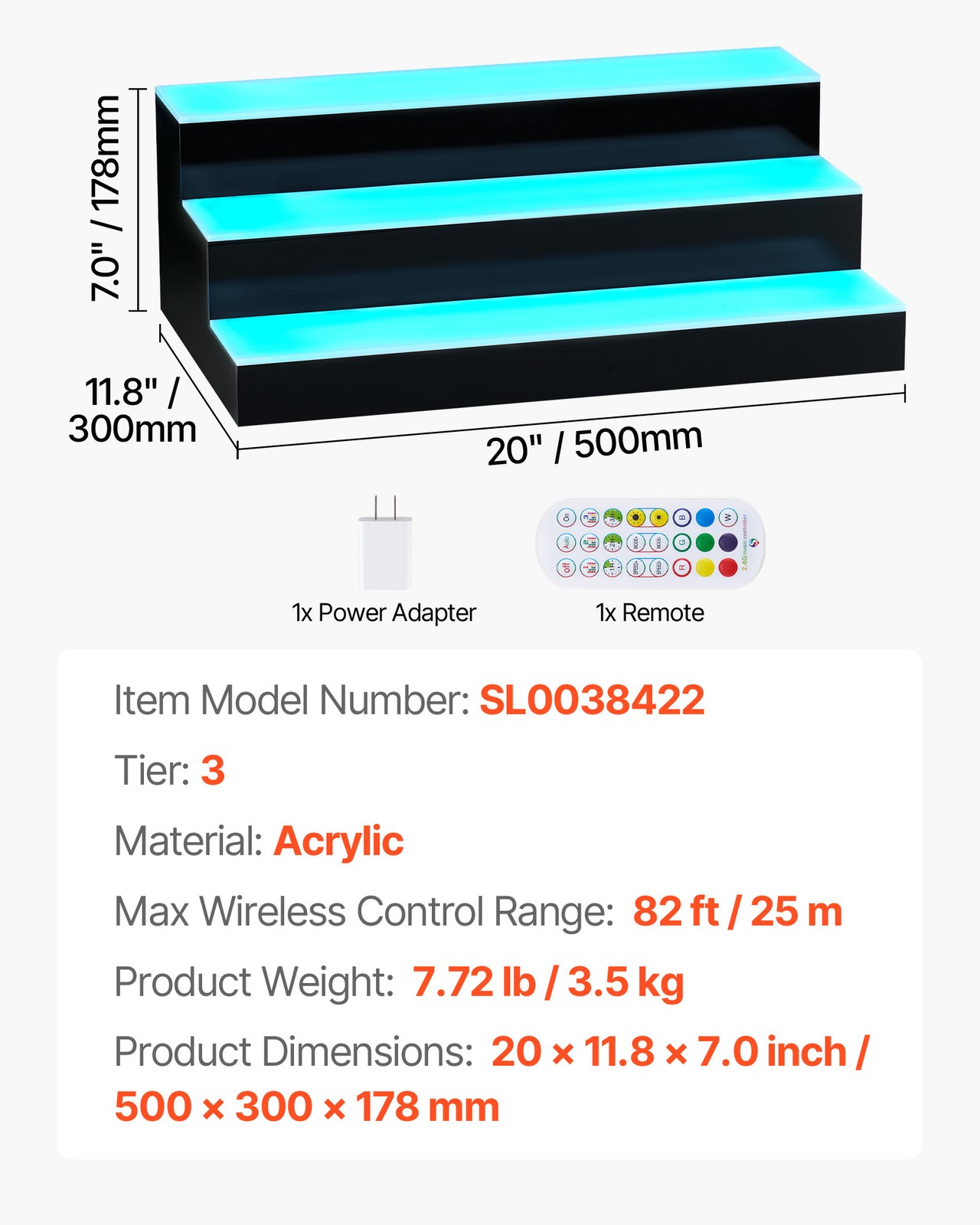 VEVOR LED Lighted Liquor Bottle Display 3 Tiers 20 Inches for 15 Bottles