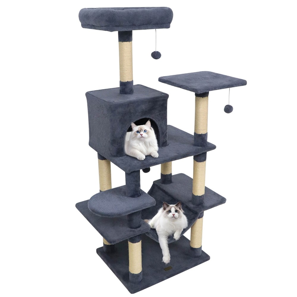 58” Tall Multi-level Cat Tree w/Upholstered Perch & Cat Condo, Comfy Hammock