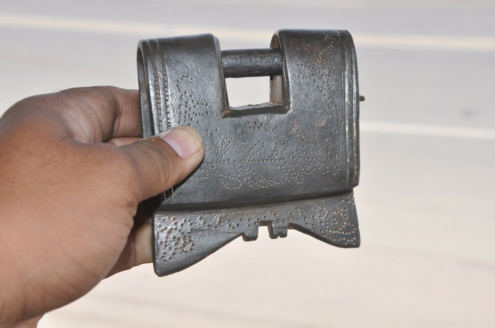 Vintage Iron Handcrafted Solid Inlay Engraved Unique Shape Strip System Padlock