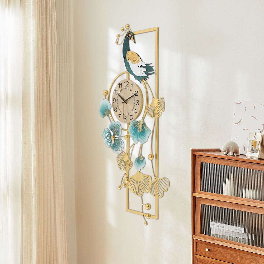 Peacock & Ginkgo Leaves Wall Clock, Modern Wall Clock