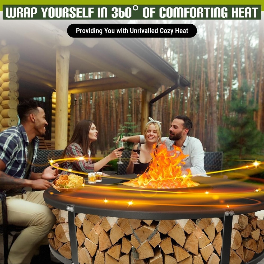 FEBTECH 21.6" Smokeless Fire Pit with Round Tabletop & Firewood Storage Shelf